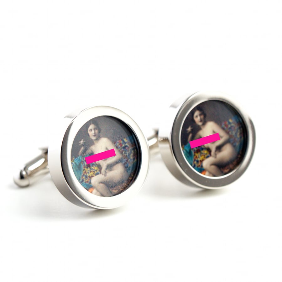 Erotic 1920s Cufflinks of Nude Woman Smoking