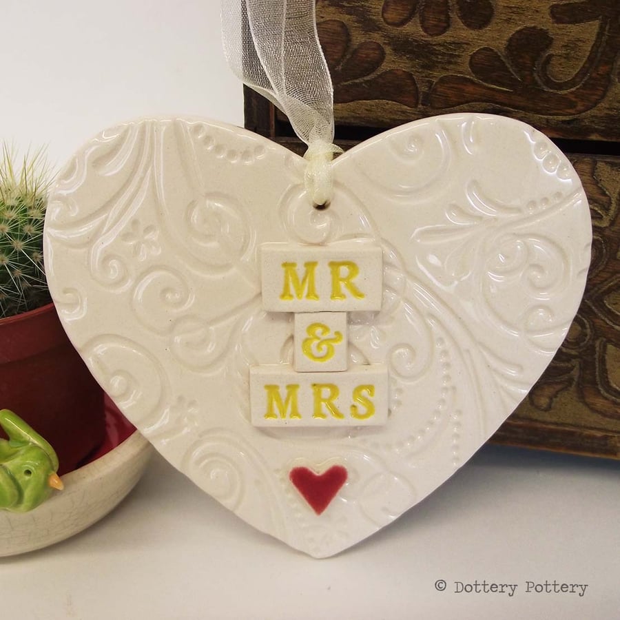 Ceramic Wedding heart decoration Mr and Mrs Bride and Groom Pottery