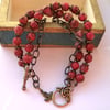 Red Jasper Three Strand Bracelet, Bird  & Flower Charm, Ooak