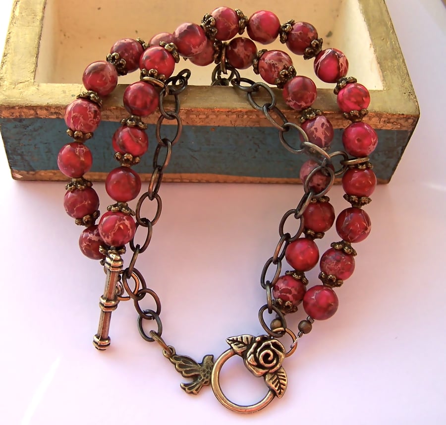 Red Jasper Three Strand Bracelet, Bird  & Flower Charm, Ooak