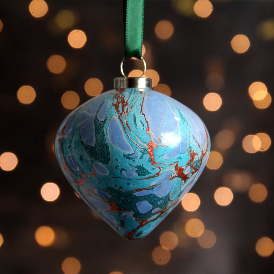 Copper, green turquoise marbled pottery bauble Christmas decoration 