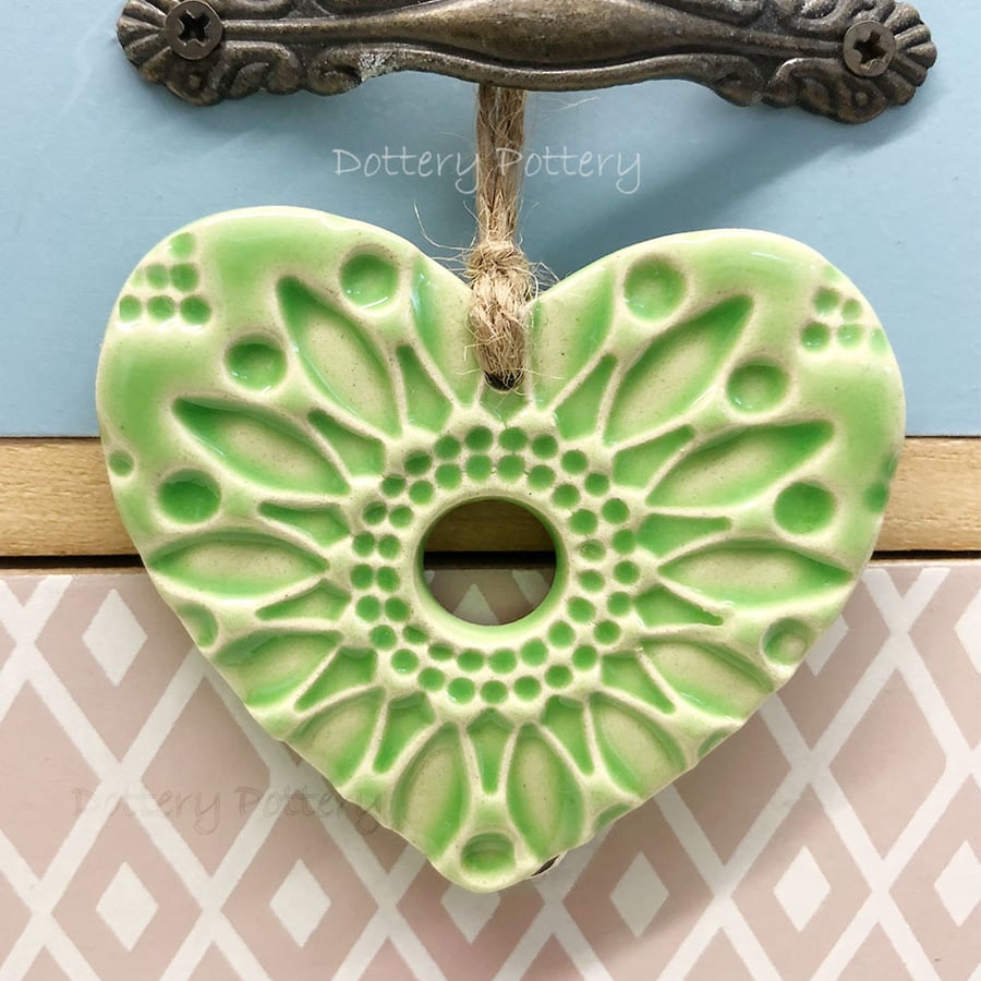 Small Ceramic heart hanging decoration Pottery Heart Folk art  Green