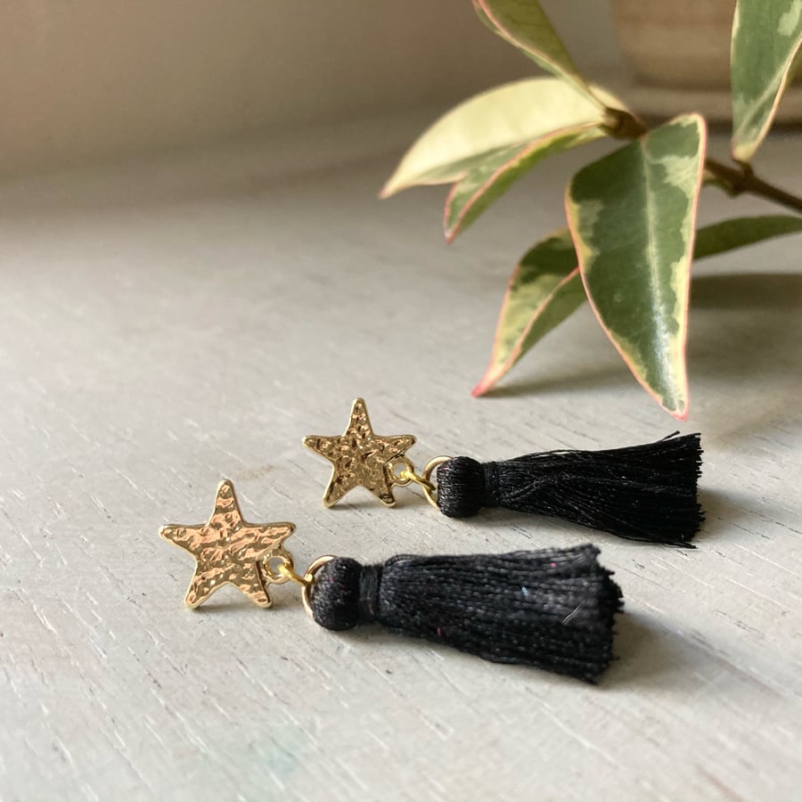 Black & Gold Star Tassel Earrings