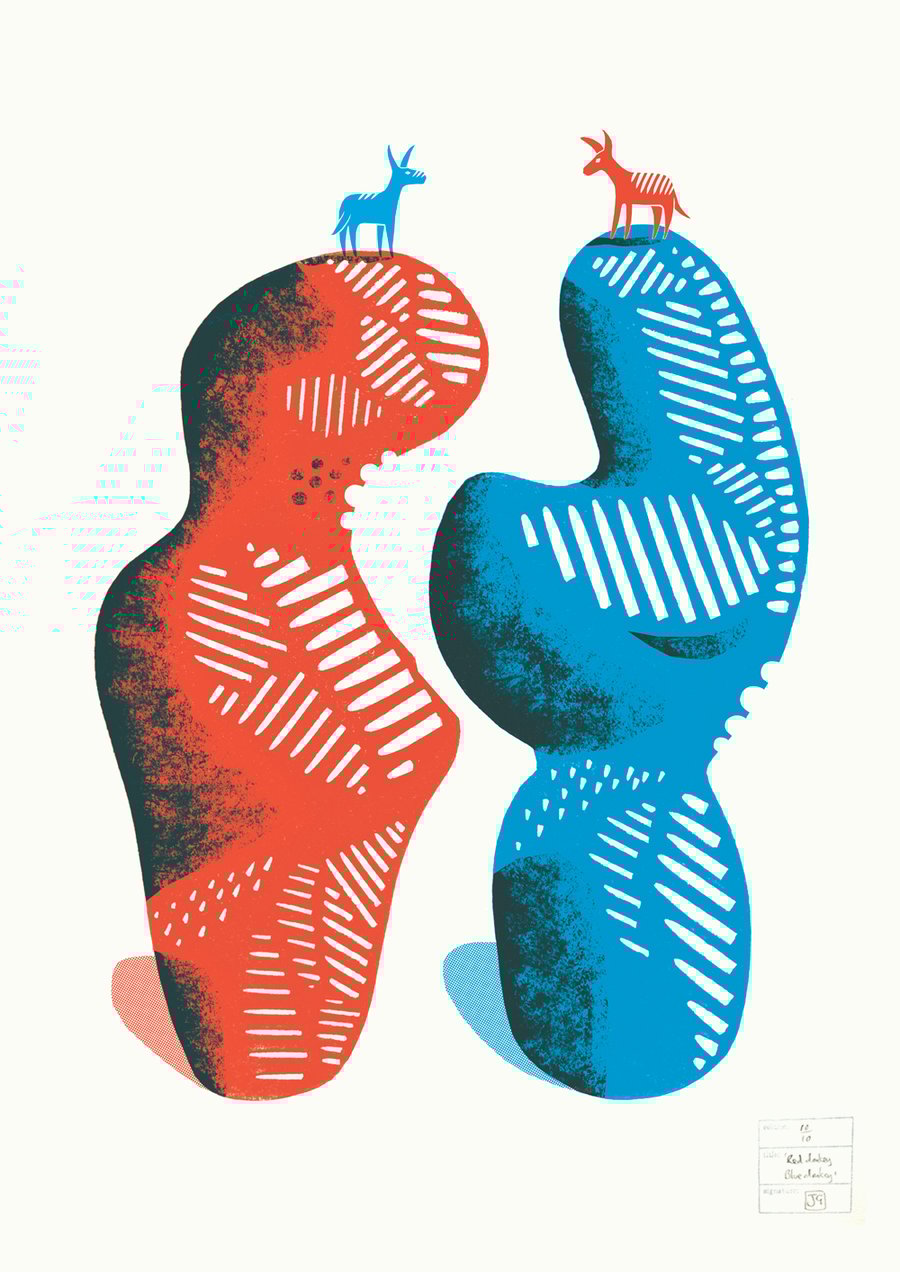 Red Donkey Blue Donkey A2 two-colour linocut screen-print