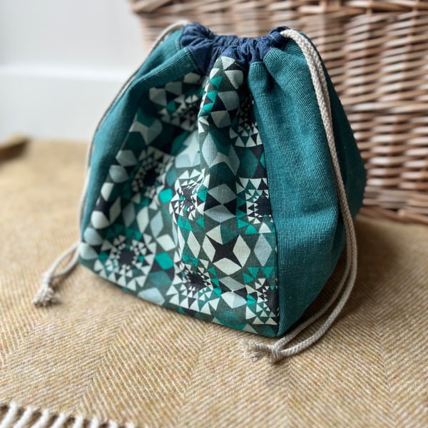 Dumpling drawstring bag - reclaimed fabrics 