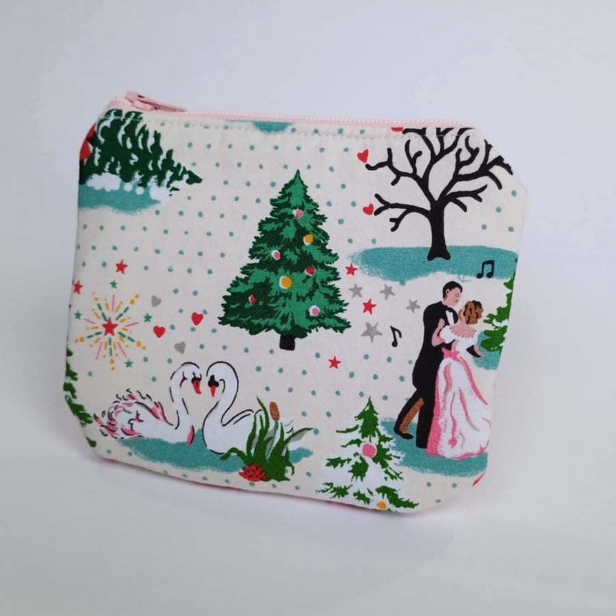 Christmas zipped purse - romantic winter scene - dancing couple, swans, hearts
