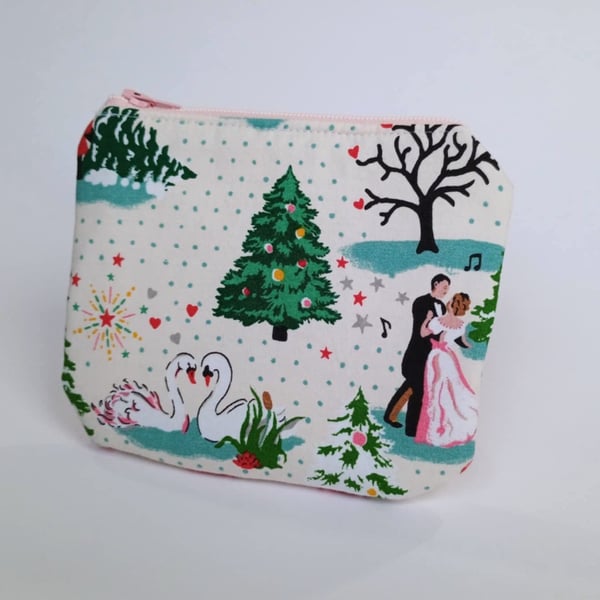 Christmas zipped purse - romantic winter scene - dancing couple, swans, hearts