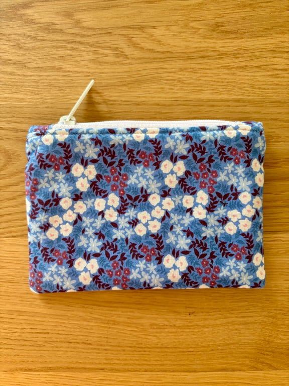 Small zipped fabric purse, pouch, make up bag, in blue floral print