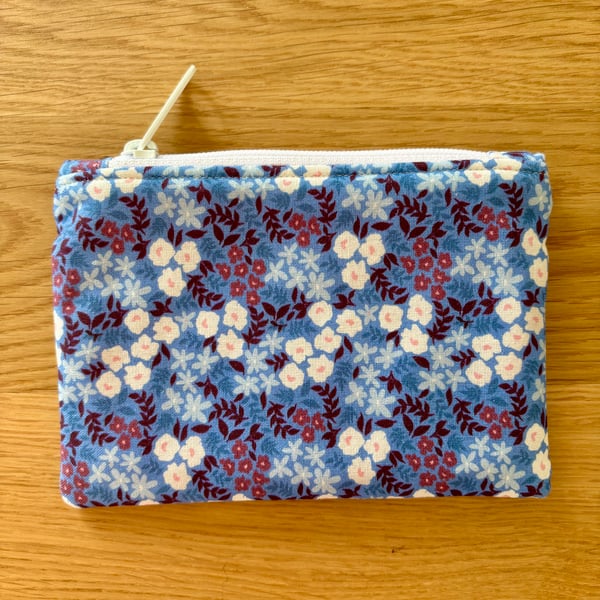 Small zipped fabric purse, pouch, make up bag, in blue floral print