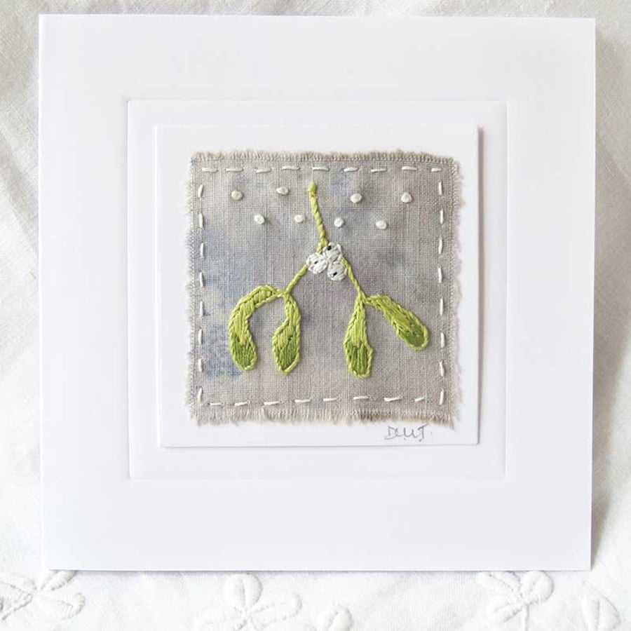 CHRISTMAS MISTLETOE EMBROIDERED HAND DYED CARD