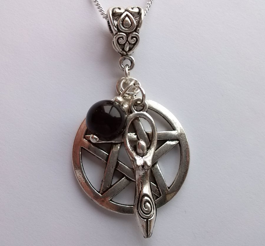 Black Onyx Gemstone Goddess Pentagram Pentacle Necklace