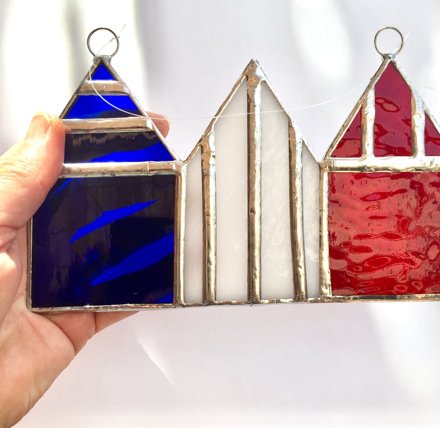Stained Glass Suncatcher Beach Huts - Handmade Hanging Decoration - Multi