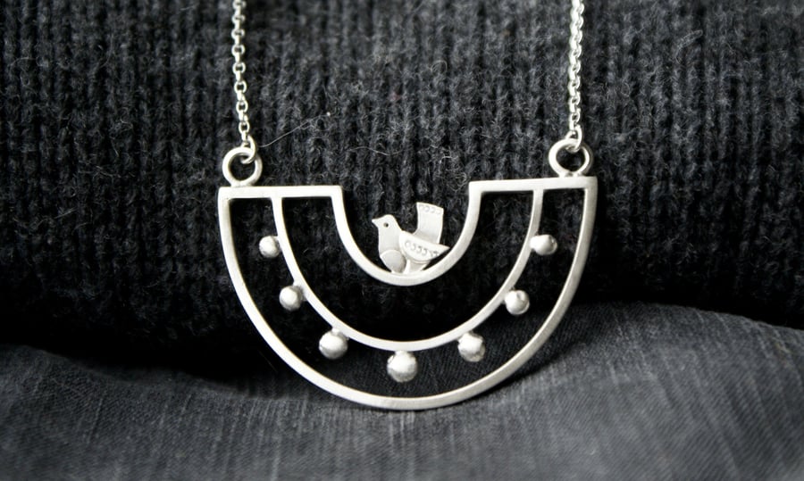 Silver bird bib necklace