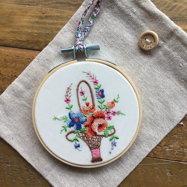 Repurposed embroidered handkerchief hoop art