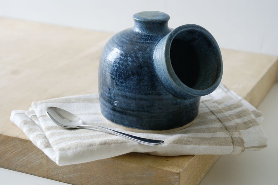 Minature pottery salt pig for your kitchen - wheel thrown and glazed in blue