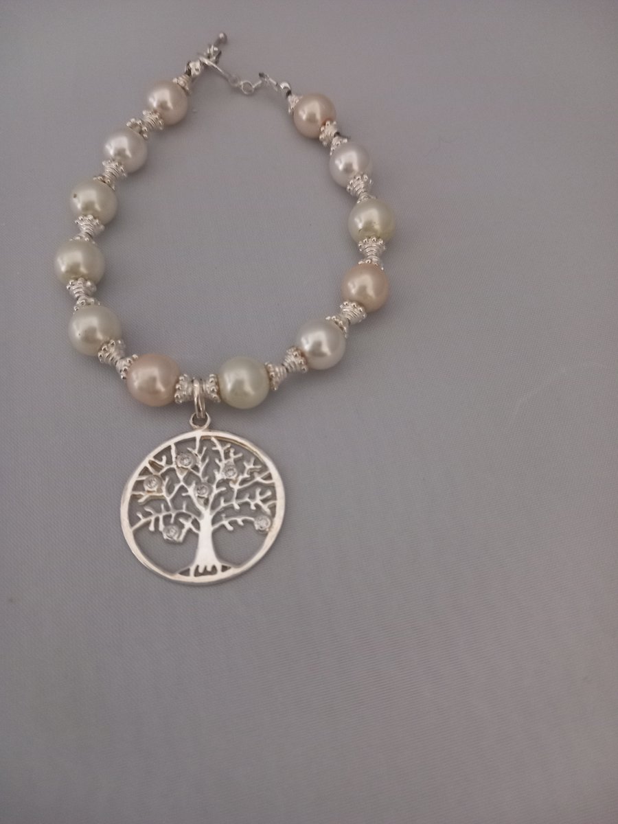 Sterling silver cream pearl bracelet tree of lifemothers day gift wedding 