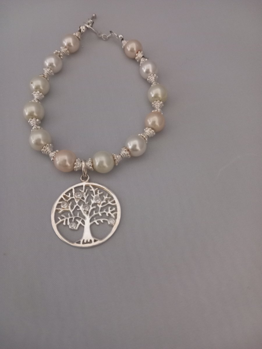 Sterling silver cream pearl bracelet tree of life mothers day gift wedding 