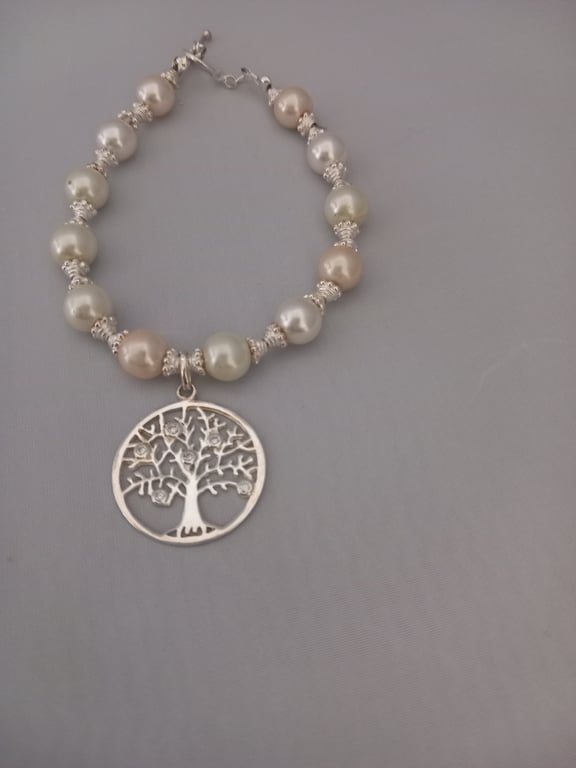 Sterling silver cream pearl bracelet tree of life mothers day gift wedding 