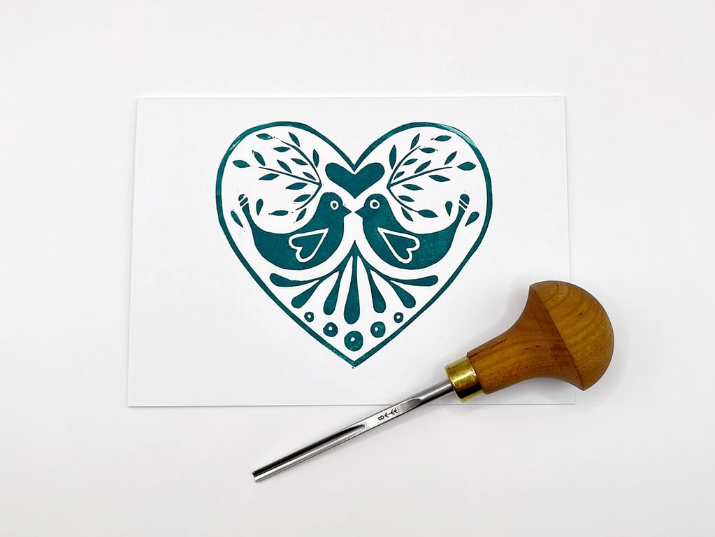 Green Love Birds Card, Original Lino Print 
