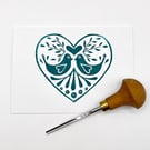 Green Love Birds Card, Original Lino Print 