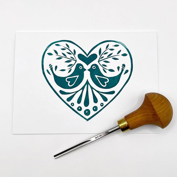 Green Love Birds Card, Original Lino Print 