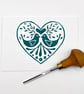 Green Love Birds Card, Original Lino Print 