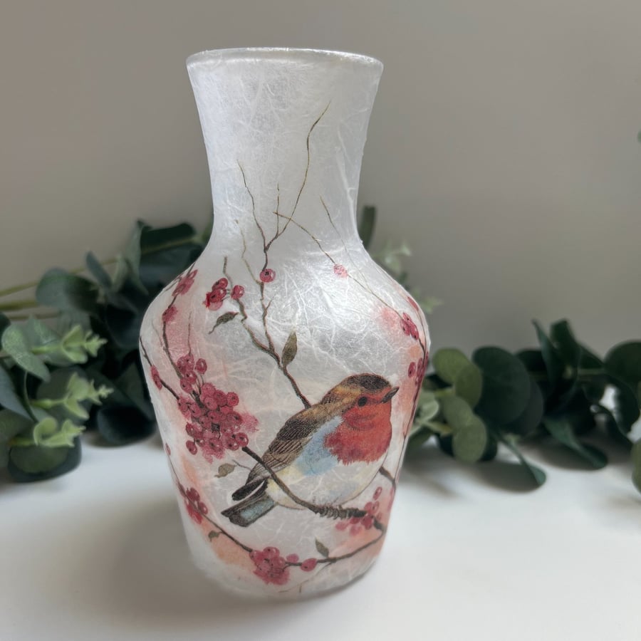 Decoupage Glass Vase: Robin, Upcycled