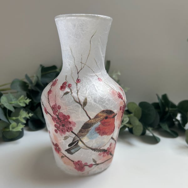 Decoupage Glass Vase: Robin, Upcycled