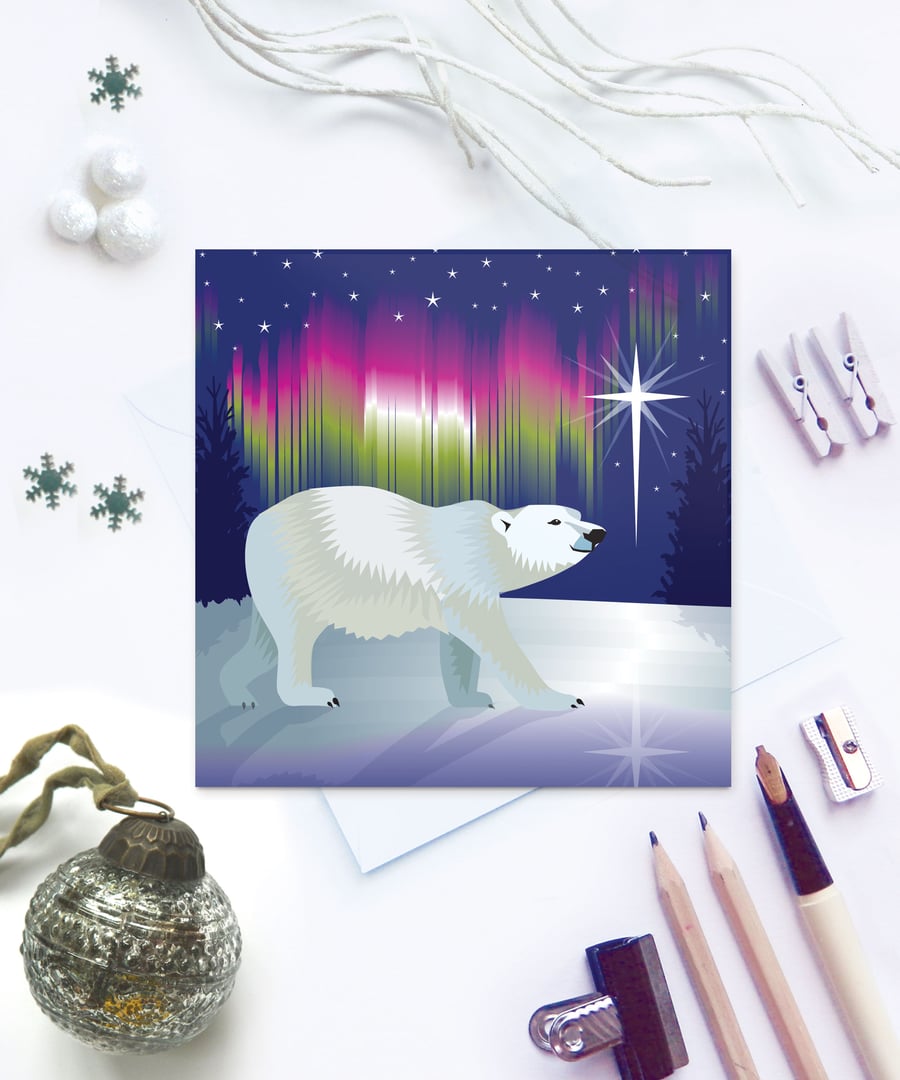 Arctic Woodland Polar Bear Christmas Card - sustainable, recyclable