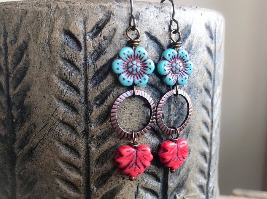Long Bohemian Blue & Red Czech Glass Earrings. Glass Maple Leaf Earrings