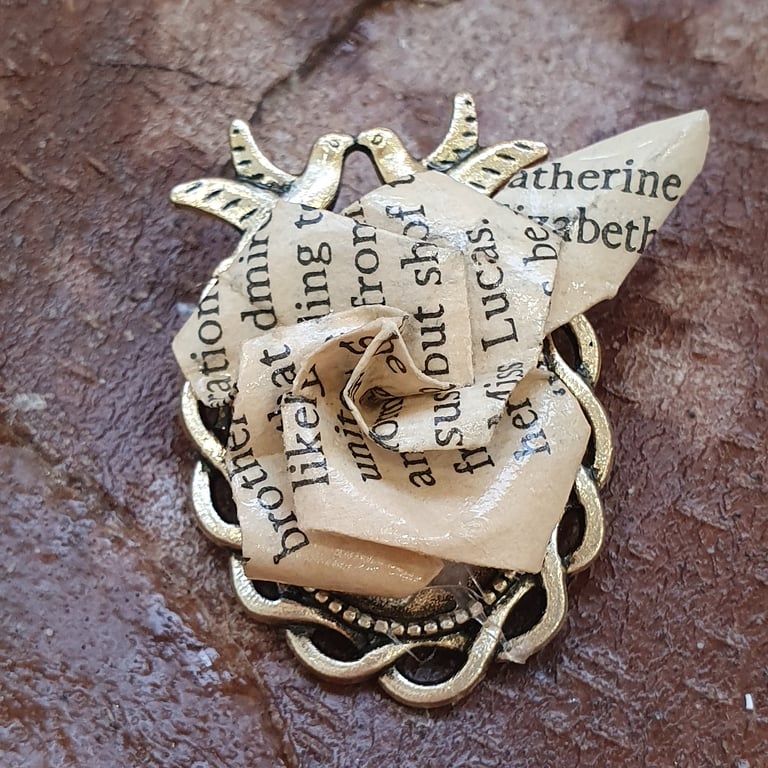 Little Women Book Brooch: Upcycled paper Origami Rose, Victorian Style 