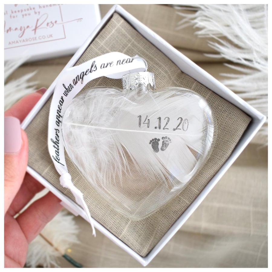 Image of Personalized Feather Heart Bauble, Memorial Sympathy Christmas Ornament. Gift Bo