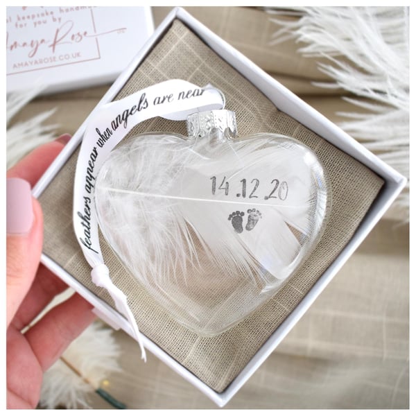 Personalized Feather Heart Bauble, Memorial Sympathy Christmas Ornament. Gift Bo