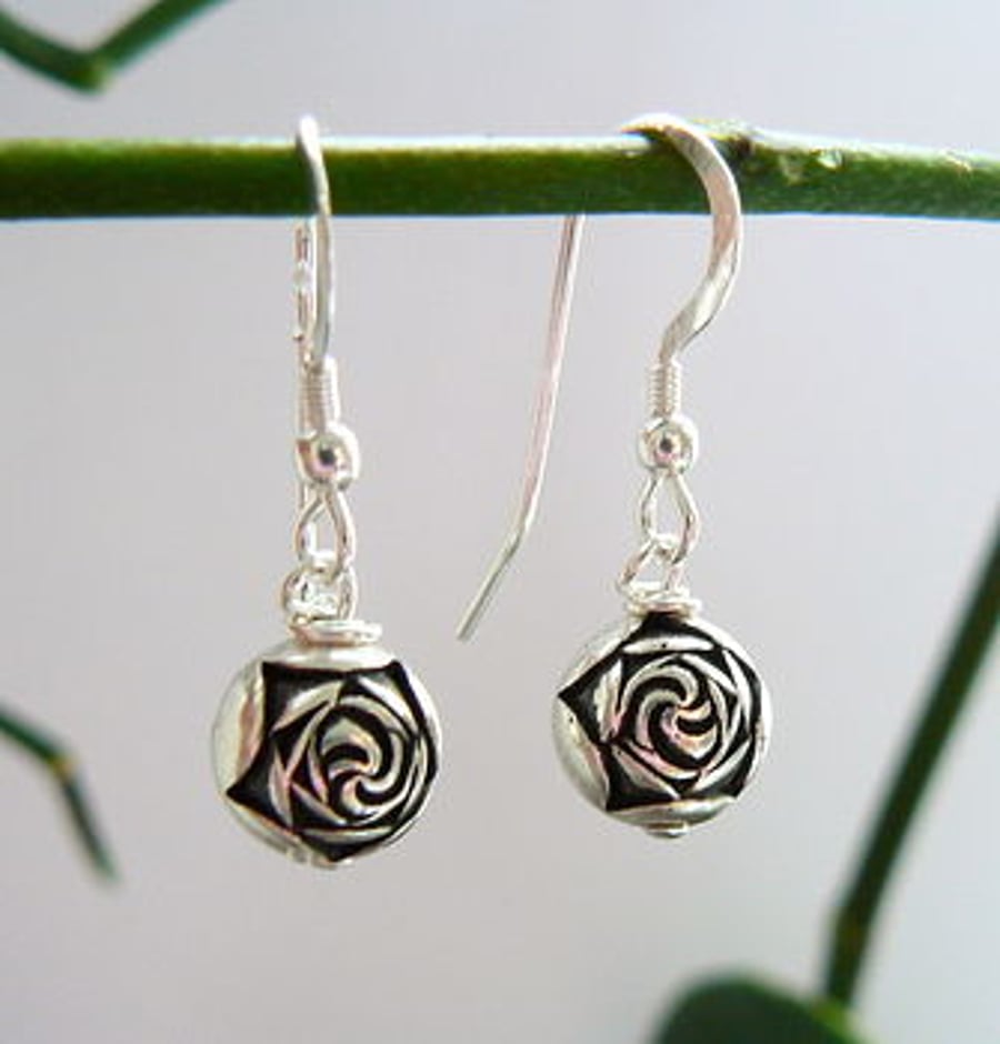 Silver Rosebud Drop Earrings.