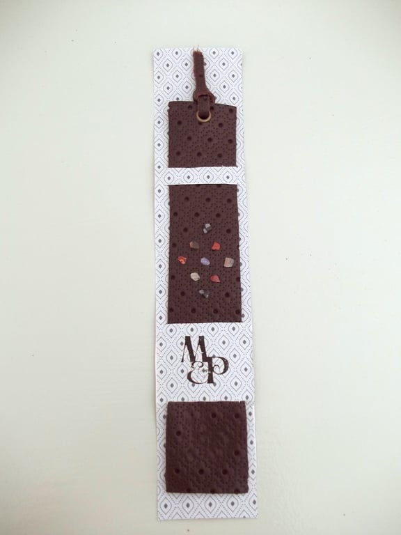  Leather Bookmark with Agate Centre Crystal Mix Chips Embossed Floral Pattern