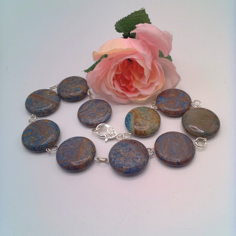 Large Green Blue Jasper Coin Bead Rosary Style Necklace, Gift for Her, Necklace