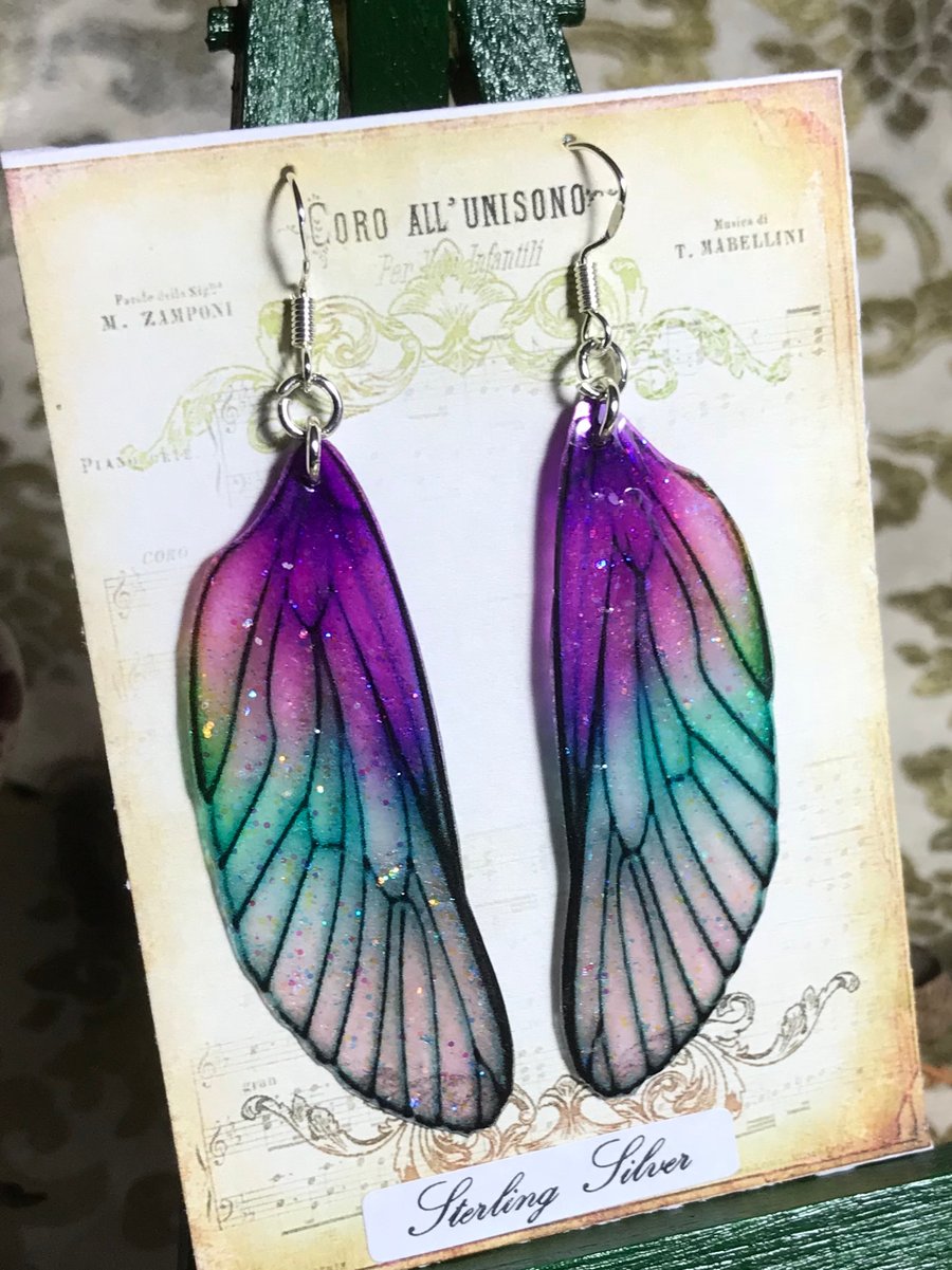 Purple and Green Shimmering Fairy Wing Sterling Silver Earrings