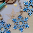Wooden blue hand painted snowflake set of 6 Christmas tree decorations