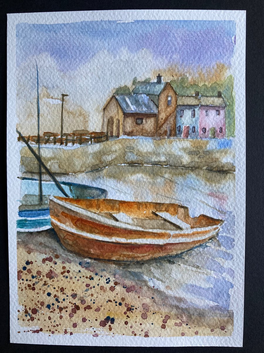 Watercolour art of Boats in a Fishing village, original art of Colourful boats 