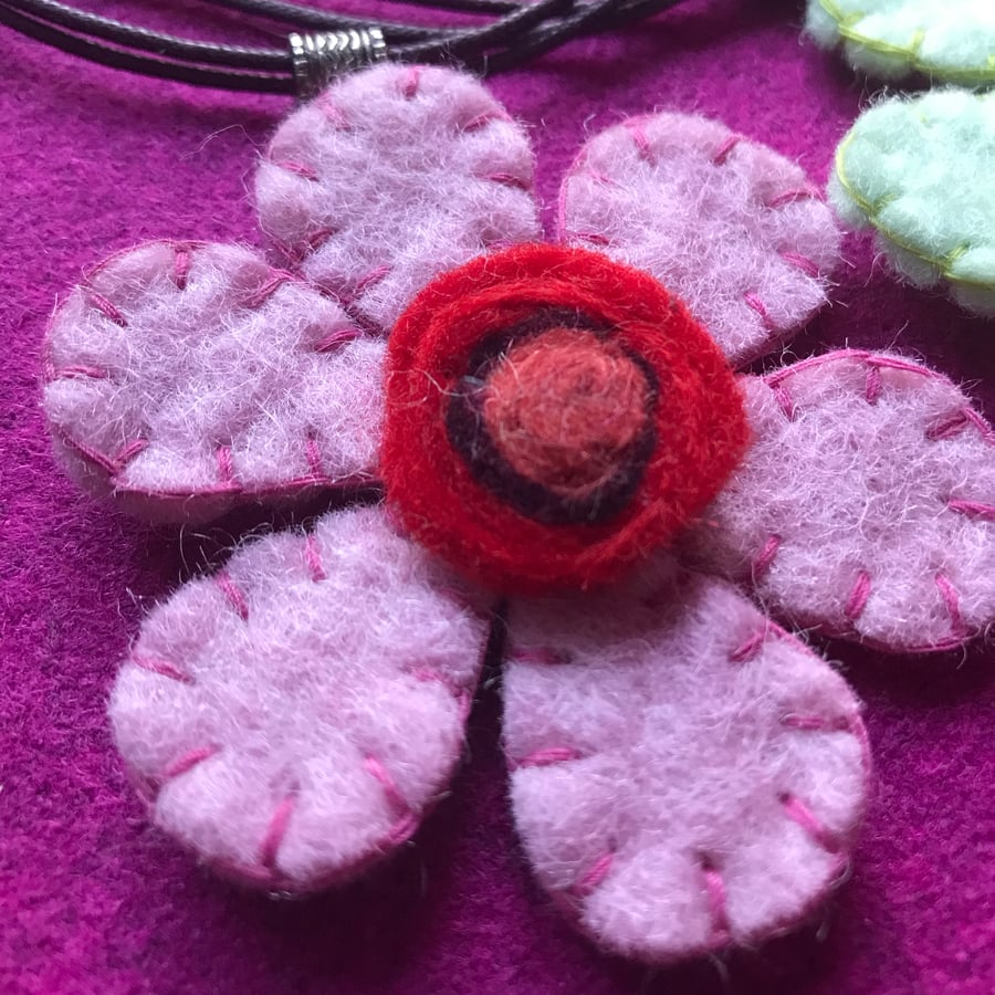Pink felt flower pendant necklace