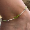 Peridot Nuggets & Czech Glass Beaded Anklet. Sterling Silver. Extension Chain. 