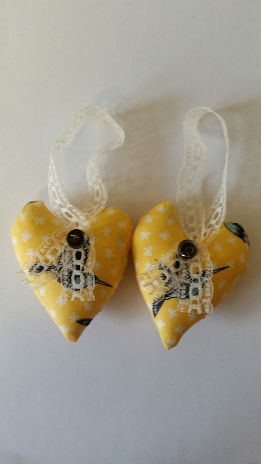 heart hangers pair yellow bird print 