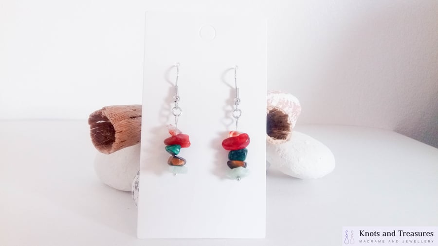 Natural Gemstone Crystal Earrings; Carnelian, Malaktite, Tiger Eye, Amazonite