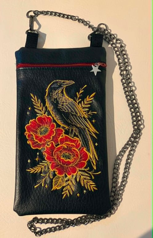 Raven & Red Flowers Embroidered Crossbody Bag
