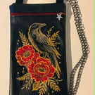 Raven & Red Flowers Embroidered Crossbody Bag