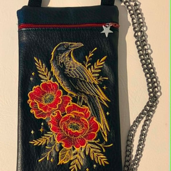 Raven & Red Flowers Embroidered Crossbody Bag