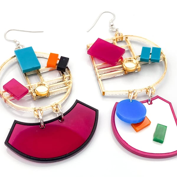 Multicolored Geometric Maximalist Earrings with Large Size - 90s-Inspired
