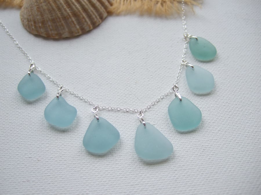 Japanese Sea Glass Necklace, Teal Sea Foam Beach Found Japan Glass, 18" Sterling