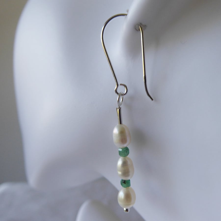 Unique Pearl and Emerald Earrings - finished with sterling silver fittings
