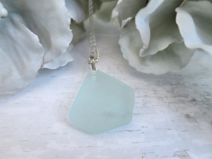 Light Teal Blue Scottish Sea Glass and Silver Necklace